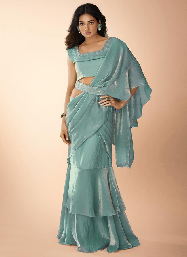 Organza Sky Blue Party Wear Hand Work Ready To Wear Saree